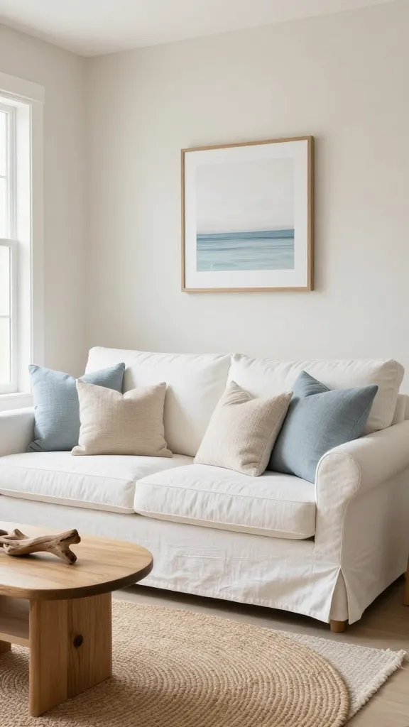 Realistic, high-quality photograph of a cozy, small apartment living room designed in a Coastal Calm Cottage style. The room is bright and airy, flooded with soft natural light coming from an unseen window. A compact, inviting slipcovered sofa in crisp white linen is centrally placed, adorned with textured throw pillows in soft blues and sandy neutrals. Grounding the space is a round, natural woven jute rug. On a minimalist wooden side table, a sculptural piece of natural driftwood serves as a subtle accent. Above the sofa, a single, framed piece of simple, abstract nautical art with soft blue and white tones hangs on a light, sandy-neutral wall. The overall ambiance is one of serene relaxation and a laid-back, breezy seaside feel, emphasizing natural textures and a light, inviting color palette. No text on image.