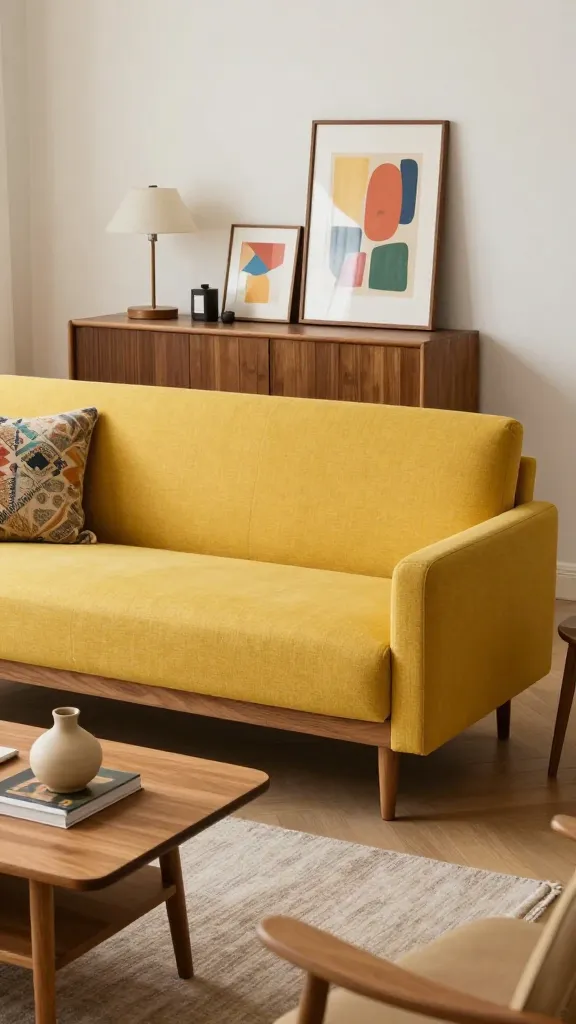 A realistic, high-quality photograph showcasing a cozy, small apartment living room designed with a mid-century modern aesthetic. The focal point is a compact two-seater sofa with elegant tapered wooden legs, upholstered in a vibrant mustard yellow fabric. Adjacent to it, a sleek, low-profile coffee table made of warm teak wood holds a small, organically shaped ceramic vase and a couple of art books. In the background, a minimalist walnut credenza displays a curated collection of colorful, abstract art prints and a vintage-style table lamp with a clean, geometric shade. The space balances clean lines with subtle curves, incorporating cheerful accent colors through a patterned throw pillow and a small area rug. Natural light softly illuminates the room, highlighting the quality craftsmanship of the furniture and creating a stylish, approachable, and functional atmosphere. No text.