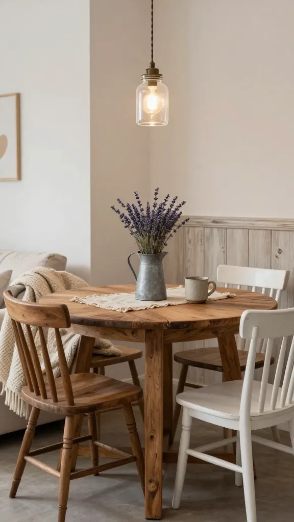 High-quality realistic photo capturing a cozy, rustic farmhouse-style dining nook within a small urban apartment. A compact, round distressed wood dining table, showcasing its well-loved texture, is the central focus. Around it, two mismatched rustic chairs, one a natural wood spindle-back and the other a simple painted white wooden chair, are arranged invitingly. A chunky, cream-colored knit blanket is casually draped over the arm of a simple, light-colored fabric sofa, partially visible in the background, adding warmth and comfort. On the dining table, a small galvanized metal pitcher holds a few sprigs of dried lavender, serving as a simple centerpiece, alongside a natural linen placemat and a rustic ceramic mug. Above the table, a single pendant light featuring a clear mason jar shade emits a soft, inviting glow. The wall behind the table has a subtle accent of distressed wood paneling, complementing the natural materials. The scene emphasizes natural textures, well-loved objects, and a simple, unpretentious charm, highlighting how these details create a warm, inviting atmosphere in a compact urban setting. Soft, warm ambient lighting, shallow depth of field, no text.