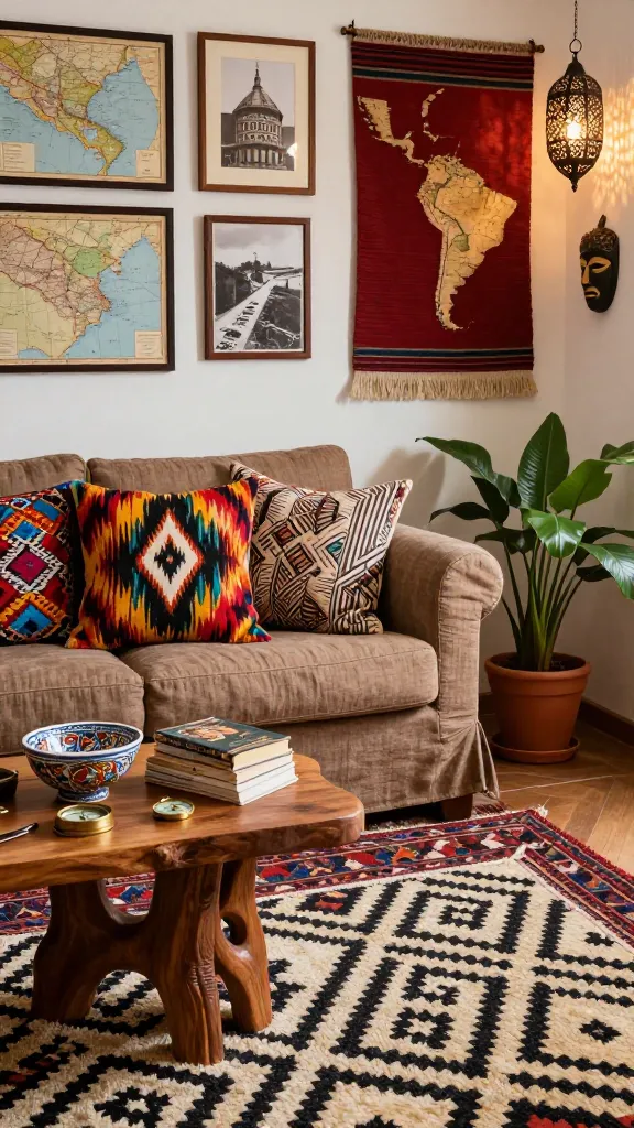 A high-quality, realistic photograph capturing a vibrant and cozy global eclectic living area within a small apartment. The compact space is anchored by a rich layering of patterned rugs: a geometric Kilim rug forms the base, partially overlaid by a plush, cream-and-black diamond-patterned Moroccan shag rug. A comfortable, well-loved linen armchair in an earthy tone is adorned with an assortment of throw pillows featuring diverse patterns like a vibrant ikat, a subtle African mudcloth print, and a colorful embroidered textile. A unique, hand-carved wooden side table holds a collection of travel mementos: a small, intricately painted ceramic bowl from Portugal, an antique brass compass, and a stack of well-worn travel guides. The wall above is a curated gallery of personal stories, displaying framed vintage maps, a woven tapestry from South America, and a small, decorative mask from Southeast Asia. Soft, warm light spills from a pierced-metal Moroccan lantern, casting intricate shadows. A healthy, leafy potted plant sits nearby, adding a touch of natural life. The overall atmosphere is deeply personal, rich with cultural influences, and exudes a profound sense of warmth and coziness.
