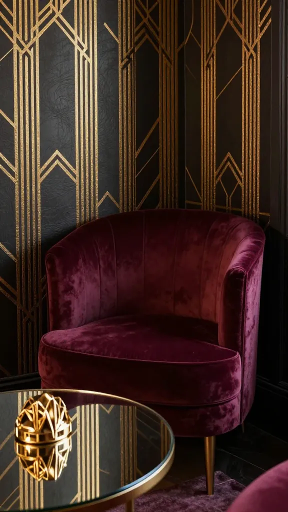 High-quality, realistic photo of an Art Deco glamour spot within a small apartment. The focal point is a luxurious, plush velvet accent chair in a deep, rich plum color, positioned in a cozy corner. Behind the chair, the wall is adorned with elegant geometric patterned wallpaper featuring metallic gold lines against a dark, sophisticated background. Adjacent to the chair, a small, round mirrored coffee table reflects the soft, warm light of the room. On the mirrored table, a single, sleek gold chrome Art Deco-inspired decorative object catches the light. The scene emphasizes reflective surfaces, rich textures, and sophisticated patterns, creating an intimate, opulent, and inviting atmosphere in a compact space. Professional interior photography, soft, diffused lighting, no text.