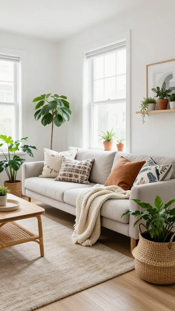 A high-quality, realistic photo of a small apartment living room designed in a harmonious Scandi-Boho fusion style. The space features crisp white walls bathed in abundant natural light streaming through a large window. A sleek, low-profile sofa in a light neutral tone is the focal point, draped with a chunky cream knit throw and adorned with an assortment of patterned cushions featuring subtle global-inspired designs and earthy hues. A stylish rattan accent chair or a large woven rattan basket filled with a lush green plant is positioned nearby, adding organic texture. The light-colored wooden floor is partially covered by a soft, textured natural fiber rug. Various potted green plants are strategically placed, enhancing the bright, airy, and incredibly cozy atmosphere, which feels both modern and grounded with a minimalist aesthetic infused with personality.