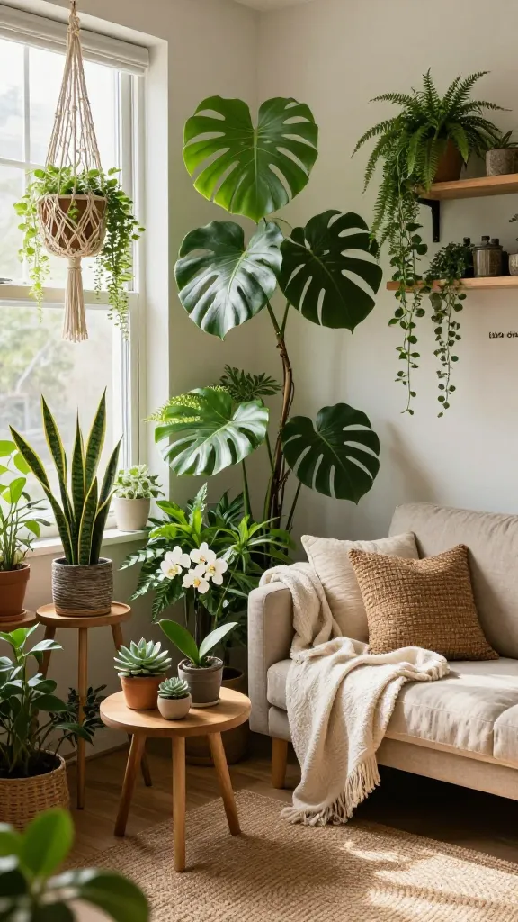 A high-angle, realistic photo capturing a cozy, sun-drenched corner of a small urban apartment, meticulously transformed into a lush "Urban Jungle Oasis." Abundant, vibrant green houseplants fill every available surface and corner: large floor plants like a Monstera and a Fiddle Leaf Fig anchor the space, while medium-sized ferns and snake plants sit on light-toned wooden plant stands and shelves. Trailing Pothos and String of Pearls cascade from macrame hanging planters near a large window, through which warm natural light floods the room. A compact, simple sofa upholstered in a natural linen fabric, adorned with a soft, cream-colored throw blanket and a woven cushion, sits beside a small, round wooden side table laden with succulents and a delicate orchid. A textured jute rug grounds the space, and the walls are a calming, neutral tone. The air feels fresh and tranquil, creating a deeply cozy and inviting natural sanctuary. Professional photography, sharp focus, natural colors, no text.