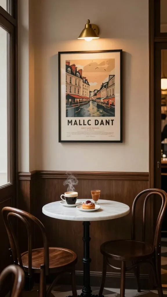 A high-quality, realistic photo capturing a charming and deeply cozy vintage French bistro corner, designed as an intimate dining spot within a small apartment. The focal point is a small, round white marble-top bistro table, perfectly sized for the compact space, accompanied by two classic dark bentwood chairs. On the table, a steaming cup of coffee and a small, delicate pastry are artfully arranged, suggesting a delightful morning or afternoon. Above the table, a beautifully framed vintage French poster with soft, romantic hues adorns the warm-toned wall, adding a touch of Parisian sophistication. Subtle, warm, and romantic lighting emanates from an elegant, small brass wall sconce, casting an inviting glow. The textures are rich yet understated, contributing to a sophisticated and comfortable atmosphere, making the small corner feel expansive and deeply cozy. Interior design photography, natural light mixed with warm artificial light, shallow depth of field, no text.