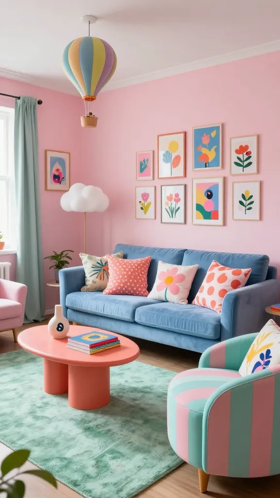 A high-quality, realistic photograph capturing a small apartment living room designed in a whimsical wonderland style. The space exudes playful charm with a vibrant, imaginative atmosphere. Pastel pink walls serve as a base, complemented by a mint green area rug featuring a subtle, abstract pattern. A compact, sky blue velvet sofa is adorned with an eclectic mix of throw pillows showcasing unexpected color combinations and playful patterns, including coral polka dots and quirky floral motifs. A small, round coffee table, painted a cheerful coral, holds a unique, sculptural ceramic piece and a stack of colorful art books. Nearby, a whimsical armchair upholstered in a bold, mixed-pattern fabric (stripes of mint, pink, and sky blue) sits beside a floor lamp with an unusual, cloud-shaped shade. The room is filled with unique finds and quirky decor, such as a delicate hot air balloon mobile hanging from the ceiling and a gallery wall displaying an imaginative collection of vibrant art prints. Sunlight streams in, highlighting the cheerful, personal, and utterly joyful ambiance. No text.