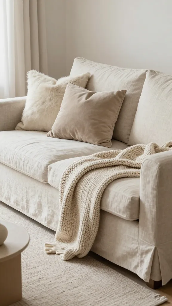 A high-quality, realistic photograph capturing a serene and cozy living space within a small apartment. The central feature is an inviting oatmeal linen sofa, richly layered with varying textures in a sophisticated monochrome palette of creams, off-whites, and soft beiges. A chunky knit throw is draped elegantly over one side, while a luxurious faux fur pillow, a smooth velvet cushion, and a soft linen pillow are artfully arranged on the sofa. Gentle, diffused natural light illuminates the scene, highlighting the intricate details and depth of each fabric texture. A subtle, textured rug in a similar light tone grounds the space, and a minimalist side table with a ceramic vase adds to the refined simplicity. The ambiance is one of sophisticated warmth and peaceful comfort, showcasing the power of texture in a limited color scheme. No text.