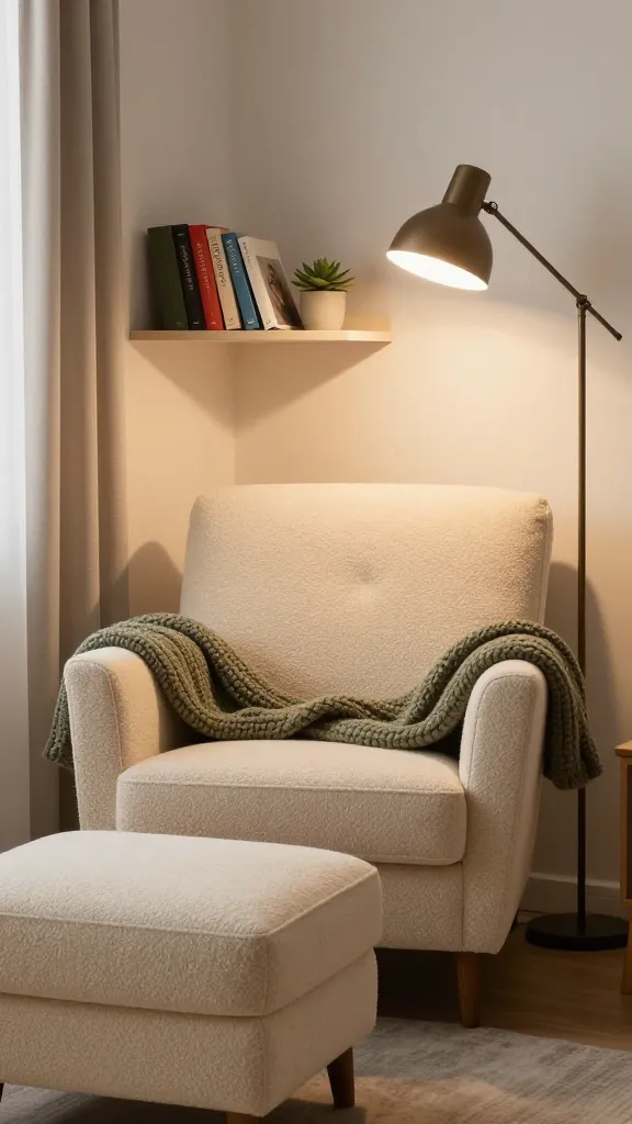 A high-quality, realistic photo of a beautifully styled, cozy reading nook nestled in a specific corner of a small apartment. The centerpiece is a generously sized, plush armchair upholstered in a warm, textured cream boucle fabric, paired with a matching ottoman for ultimate comfort. To the side, an elegant, slim floor lamp with a bronze finish casts a soft, directed glow onto the armchair, creating an inviting pool of warm light. A small, minimalist floating shelf above the armchair holds a curated selection of colorful hardcover books and a delicate potted succulent. A soft, chunky knit throw blanket in a muted olive green is draped invitingly over the arm of the chair. The background subtly suggests the compact nature of the apartment without distracting, perhaps a glimpse of a simple wall or a window with sheer curtains, emphasizing this tiny area as a dedicated, personal sanctuary for unwinding. No text.