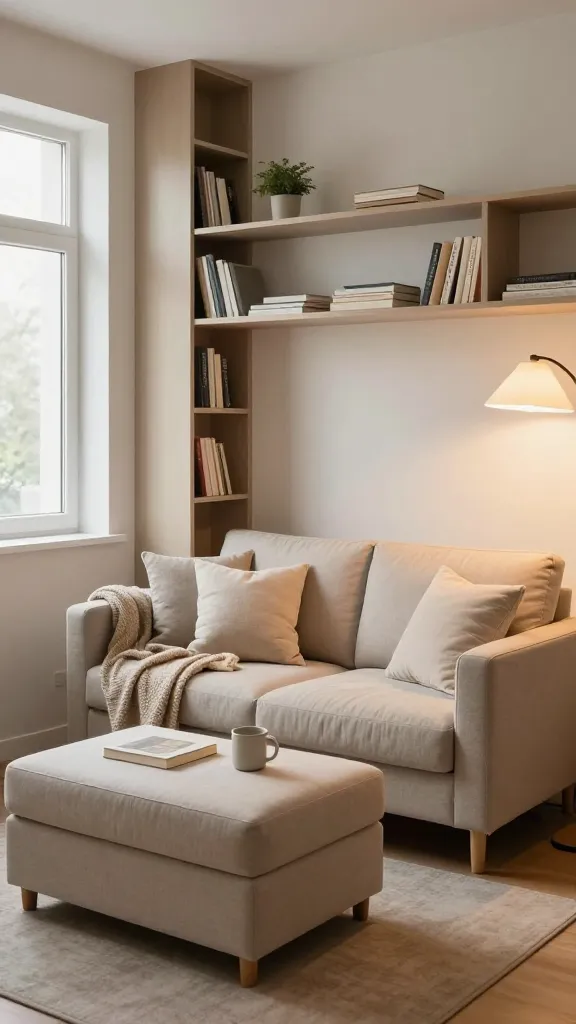 A high-quality, realistic photograph capturing a serene and highly functional small apartment living area. The focal point is a compact, comfortable two-seater sofa in a neutral tone, accented with soft, textured throw pillows and a draped knit blanket, inviting warmth. In front, a multi-functional storage ottoman serves as a coffee table, its top neatly styled with a small book and a minimalist ceramic mug, hinting at hidden storage. Along the adjacent wall, a sleek, floor-to-ceiling built-in shelving unit is seamlessly integrated, showcasing a curated, sparse collection of books and a single small potted plant, emphasizing a clutter-free environment. The space is bathed in soft, warm ambient light from a modern floor lamp, creating a peaceful and cozy atmosphere that perfectly blends clever storage solutions with inviting comfort in a compact footprint. Professional interior photography, sharp focus, natural light through a window combined with warm interior lighting.