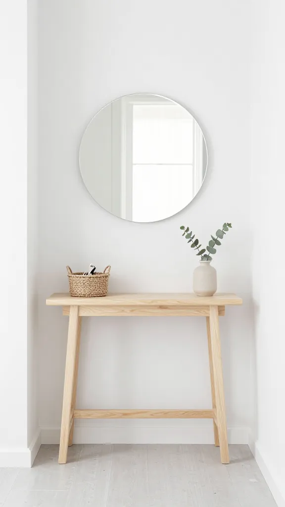 A high-quality, realistic photograph of a stylish, tiny entryway designed in a Scandinavian minimalist aesthetic. A slim console table made of pale birch wood stands against a pristine white wall. Centered above the console is a round, frameless mirror, reflecting abundant soft, natural light that brightens the compact space. The floor is a light gray, possibly a pale wood or concrete finish. On the console, a small, simple woven jute basket holds a few keys, and a subtle accent is provided by a small ceramic vessel containing a single sprig of dried sage green eucalyptus. The scene exudes a serene, functional, and airy feel, with clean lines and natural textures. The lighting is bright and diffused, highlighting the simplicity and elegance of the design. No text.