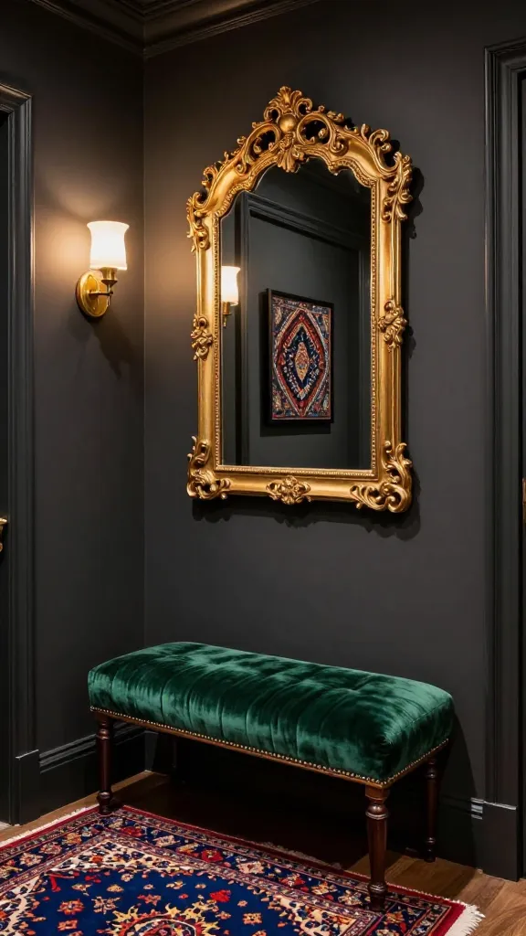 A high-quality, realistic photograph of a tiny, moody maximalist entryway. The walls are painted a deep, matte charcoal gray, creating a dramatic and luxurious backdrop. A small, plush emerald green velvet bench with elegant dark wood legs is positioned against the wall. Above the bench, a large, ornate gold-framed mirror with intricate carvings reflects the opposite wall, enhancing the opulent feel. To the left of the mirror, a petite, polished brass wall sconce emits a soft, warm glow. On the floor in front of the bench, a tiny, richly patterned Persian rug in deep jewel tones like sapphire, ruby, and gold anchors the space. To the right of the mirror, a small piece of framed art features a busy, intricate pattern in complementary dark hues, adding another layer of visual interest. The overall atmosphere is one of luxurious, layered textures and rich colors, feeling like a dramatic jewel box despite its small footprint. Interior design photography, sharp focus, warm ambient lighting, no text.