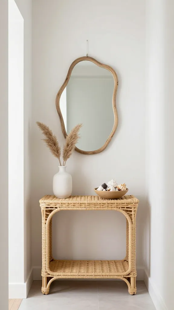 An eye-level professional interior photograph capturing a tiny entryway designed in a Coastal Calm & Collected style. The space is dominated by crisp whites and sandy beiges. Centered against a clean, light wall is a small, light-toned natural wicker console table. Above the table, a delicate, organically shaped mirror framed with authentic driftwood hangs, subtly reflecting a soft, diffused natural light. On the console table, a simple, matte white ceramic vase holds a few elegant sprigs of dried pampas grass. Beside it, a shallow, natural-toned bowl is artfully arranged with a curated collection of various seashells, showcasing their natural textures and subtle colors. The overall atmosphere is airy, inviting, and refreshing, evoking a gentle sea breeze. Realistic, high-resolution, no text.