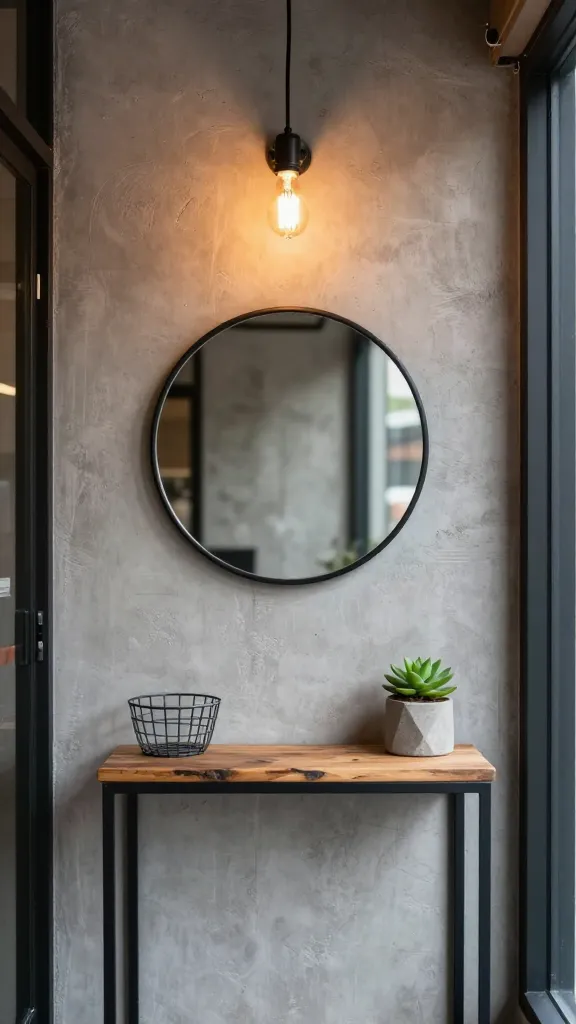 A high-quality, eye-level photograph capturing a stylish, tiny urban industrial entryway. The centerpiece is a slim console table featuring a black metal frame and a distressed, reclaimed wood top, placed against a textured, light gray concrete wall. Centered above the console hangs a large round mirror with a sleek black metal frame. On the console's surface, a small, dark gray wire basket sits to one side, while a small, brutalist concrete planter holding a vibrant green succulent occupies the other. A single exposed-bulb Edison light fixture with a black cord descends from the ceiling, casting a warm, vintage glow. The surrounding space feels compact yet thoughtfully designed, emphasizing raw textures and utilitarian charm with a surprisingly warm welcome. Professional photography, natural light mixed with the warm glow of the Edison bulb, shallow depth of field, high detail.