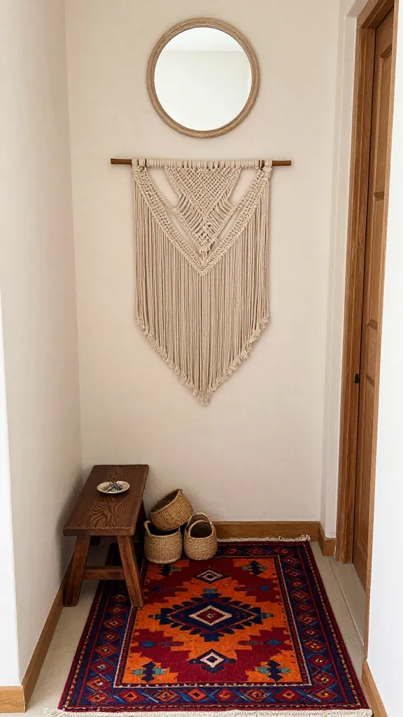A high-angle, eye-level, slightly wide-angle shot of a tiny, bohemian-style entryway, bathed in soft, natural light filtering from an unseen source. The focal point is a compact, distressed off-white wall. A delicate, cream-colored macrame wall hanging with intricate knots and fringes adorns the wall. Below it, a vibrant, geometric patterned kilim rug in rich reds, oranges, and blues covers a small section of the floor, adding a pop of color and texture. To the left, a tiny, dark carved wood stool with visible grain serves as a catch-all surface, perhaps holding a small ceramic dish for keys. Beneath the stool, a neatly arranged collection of two to three small, varying-sized rattan baskets are tucked away, hinting at shoe storage. Above the macrame, a simple round mirror with a subtly distressed, light wood frame reflects a hint of the opposite wall. The overall atmosphere is cozy, inviting, and well-traveled, with layered textures and natural elements creating a sense of global charm within the very limited space. Realistic, high-quality photography, no text.