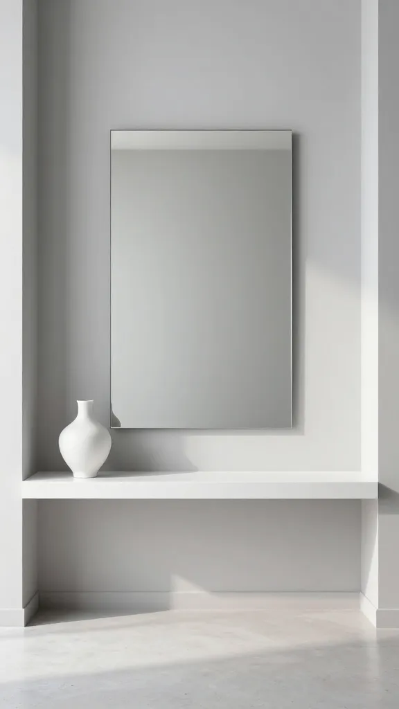 A high-resolution, realistic photograph of a modern minimalist tiny entryway, captured at eye-level. A sleek, floating white shelf is immaculately mounted against a smooth, light grey wall. Centered directly above the shelf is a large, frameless rectangular mirror, reflecting a clean, unidentifiable part of the opposing wall to create an illusion of expanded space. On the left side of the white shelf, a single, elegant, sculptural matte white ceramic vase with an organic, unique shape stands as the sole decorative object. The floor beneath the shelf is impeccably clear, made of light-colored polished concrete, emphasizing the uncluttered aesthetic. Soft, bright natural light streams in from an unseen source, highlighting the clean lines and smooth textures of the space. The overall atmosphere is one of calm order, sophistication, and essential beauty. Shot with a professional camera, sharp focus, no text, interior design magazine quality.