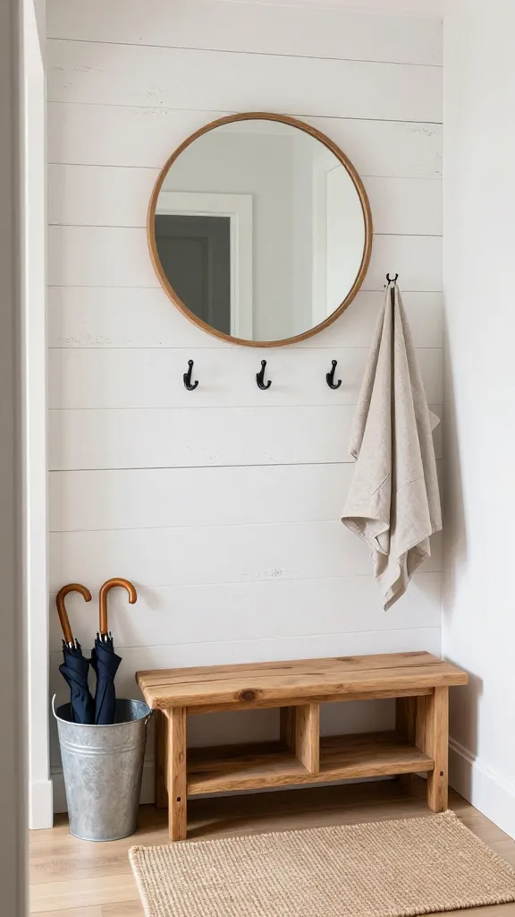 A high-quality, realistic photo capturing a tiny, farmhouse-inspired entryway. The main wall features distressed white shiplap, providing a rustic backdrop. A small, light-toned wooden bench with visible storage cubbies underneath is positioned against the shiplap wall. To the left of the bench, a galvanized metal bucket holds a couple of umbrellas. Above the bench, a large round mirror with a thick, natural wood frame is centrally hung. Below the mirror, three black metal hooks are mounted on the shiplap, with a simple, neutral-colored coat hanging on one. A simple braided jute rug lies on the light wooden floor in front of the bench. The scene is bathed in soft, natural light, emphasizing a warm, cozy, and inviting atmosphere. No text on image.