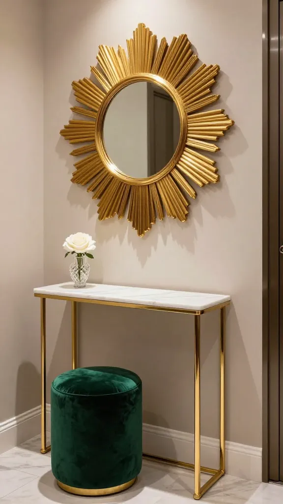 A high-quality, realistic photo of a luxurious and glamorous tiny entryway. The centerpiece is a slim, elegant gold-framed console table with a polished white marble top. Above it, a large, ornate gold sunburst mirror dramatically reflects light, creating a sparkling effect. A small, plush emerald green velvet ottoman is positioned gracefully beside the console, adding a rich jewel-toned pop of color. On the marble surface of the console, a tiny, delicate crystal vase holds a single, fresh white rose. The scene is bathed in soft, elegant lighting that accentuates the reflective surfaces of gold, marble, and crystal, conveying an opulent yet inviting atmosphere in the small space. The walls are a subtle, sophisticated neutral tone. No text.