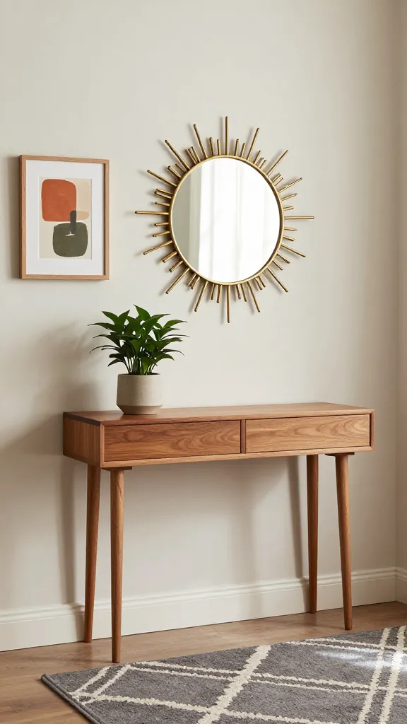 A high-resolution, professional photograph of a tiny, inviting mid-century modern entryway. The focal point is a low-slung teak console table, featuring clean lines and slender, tapered legs, positioned against a light-colored wall. Above the console, a striking brass starburst mirror reflects natural light, flanked by a small abstract art print in muted tones like burnt orange and olive green, housed in a simple wooden frame. On the console, a small, matte ceramic planter holds a vibrant ZZ plant, adding an organic touch. A simple, graphic rug in a muted charcoal grey with an off-white geometric pattern grounds the space. The scene emphasizes sophisticated simplicity, warm wood tones, and clean lines, captured with soft, natural lighting creating subtle shadows. Realistic textures and sharp focus throughout.