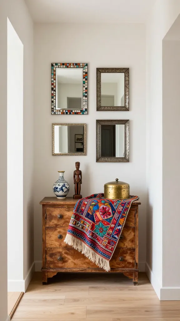 A high-resolution, professional photograph of a tiny entryway designed in an eclectic global traveler style. The scene is brightly lit with natural light, showcasing a simple, neutral base with off-white walls and light wood flooring. A small, distressed wooden chest serves as the console table, positioned centrally. Above the chest, a carefully curated collection of small, mismatched mirrors is artfully arranged, including one with an intricate mosaic frame and another with a rustic hammered metal frame. A vibrant, colorful embroidered textile is draped elegantly over the wooden chest, adding a rich layer of texture and pattern. On top of the chest, a few global artifacts are displayed, such as a small ceramic vase, a carved wooden figure, and a brass decorative box. The overall atmosphere feels warm, inviting, and tells a unique story of worldly adventures. No text.