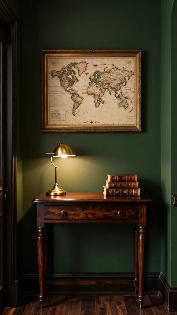 A high-quality, realistic photo of a compact entryway designed in a sophisticated dark academia den style. A slim, antique-style dark mahogany console table is centered against a wall painted in a deep forest green. Above the console table hangs a framed vintage world map with an aged brass frame. On the tabletop, a tiny brass desk lamp emits a warm, inviting glow, casting light on a small stack of old, leather-bound books. The scene features rich wood tones, subtle accents of antique gold, and an overall atmosphere of cozy mystery and intellectual charm. Detailed textures of wood grain, aged paper, and polished brass are sharply rendered. No text on images.