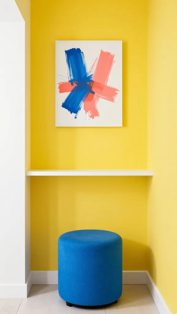 A high-quality, realistic photo of a tiny entryway designed with a 'Bright & Bold Color Pop' theme. One wall of the entryway is painted a vibrant, energetic sunny yellow. Mounted on this yellow wall is a sleek, simple white floating shelf. Above the shelf hangs a fun, abstract art piece featuring bold, dynamic brushstrokes of electric blue, coral pink, and white, creating a lively contrast with the yellow wall. Below the shelf, a small, round storage ottoman upholstered in a bright electric blue fabric sits on a light-colored floor, offering a place to sit. The space is brightly lit, emphasizing the cheerful and inviting atmosphere. No text on image.