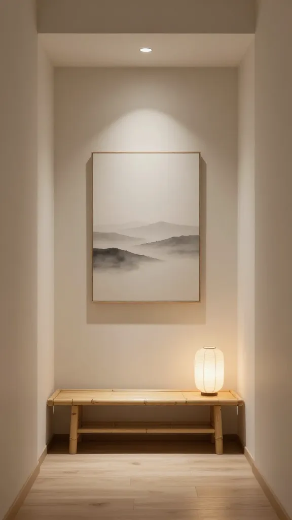 A high-quality, realistic photograph capturing a tiny entryway transformed into a Minimalist Zen Retreat. The scene radiates profound tranquility and an uncluttered aesthetic. A low, simple bamboo bench rests against a smooth, muted cream wall. Above the bench, a single, serene piece of minimalist landscape art, rendered in soft, muted grays and creams, provides a quiet focal point. Subtle, warm lighting spills from a small, elegant rice paper lantern hanging nearby, casting gentle shadows and enhancing the peaceful ambiance. The floor is a natural light wood, harmonizing with the overall muted color palette of creams, grays, and natural wood tones. The space is meticulously curated, emphasizing clean lines and natural elements to promote peace and mindfulness. No text on images.