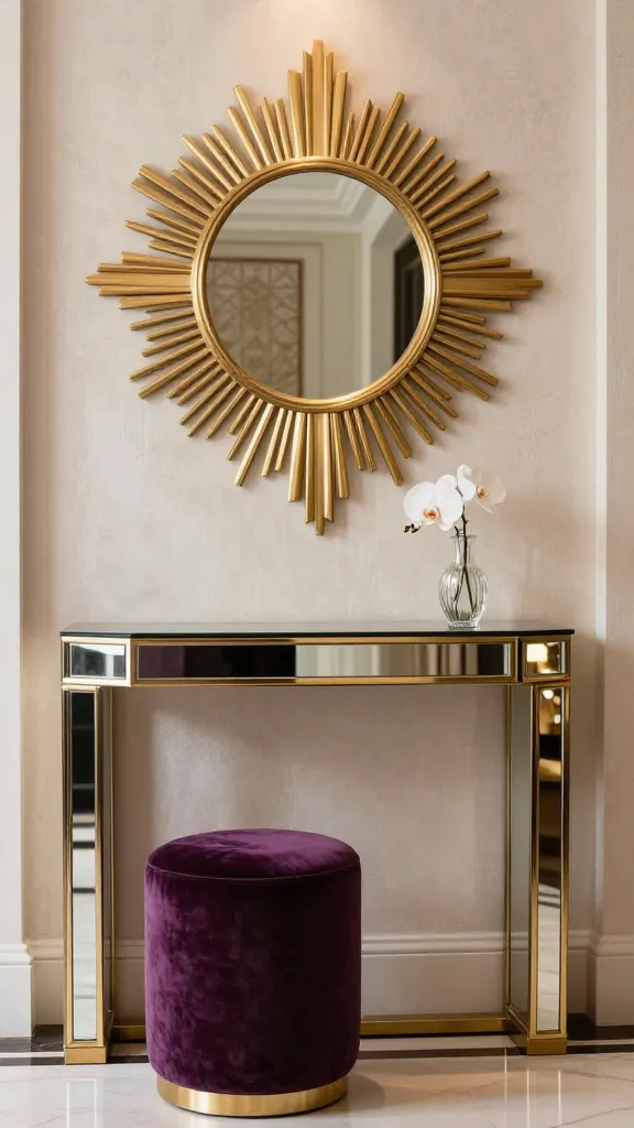 A high-resolution, realistic photograph of a tiny, luxurious Art Deco entryway. A slim console table features gleaming mirrored panels and a geometric gold base, positioned against a subtly textured, light-colored wall. Above the console, a prominent sunburst mirror with an intricate gold geometric frame reflects the soft, warm light. To one side of the console, a small, plush deep purple velvet stool adds a rich pop of color and texture. On the console surface, an elegant tiny fluted glass vase holds a single delicate white orchid. The overall styling exudes sophisticated Roaring Twenties charm, with subtle geometric patterns and a sense of timeless elegance. The lighting is soft and inviting, emphasizing the luxurious materials and reflective surfaces.