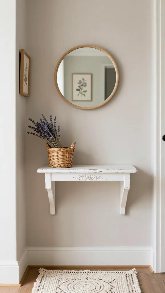 A high-quality, realistic photo of a tiny entryway designed in a cottagecore style, captured with soft, natural light. The scene features a small, distressed white wooden shelf with delicate carvings mounted on a soft, muted wall. On the shelf, a tiny wicker basket overflows with dried lavender stems. Above the shelf, a simple round mirror with a thin, natural wood frame reflects the gentle light, creating an illusion of space. To one side of the mirror, a small framed floral botanical print adds a touch of vintage romance. On the floor below, a small, handmade crocheted rug in a cream or off-white color provides a homespun, cozy touch. The overall atmosphere is incredibly whimsical, nostalgic, and inviting, with a focus on natural textures and a gentle, muted color palette. No text.