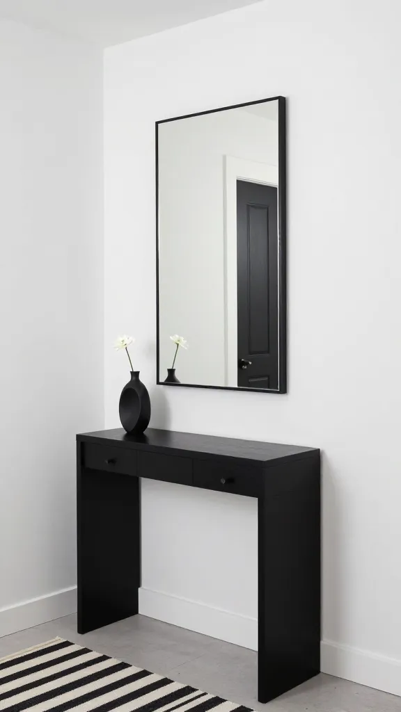 A high-quality, realistic photo of a tiny, chic, and modern entryway designed in a striking monochromatic black and white scheme. Crisp white walls provide a clean backdrop for a bold black console table positioned against one wall. Above the console, a large, rectangular mirror with a thin black frame is prominently displayed, making a statement. A small, graphic black and white striped rug lies on the floor. On the console table, a single, sculptural black vase holds a delicate white flower, providing a perfect contrasting accent. The space is brightly lit, showcasing the sharp contrasts and sophisticated design.