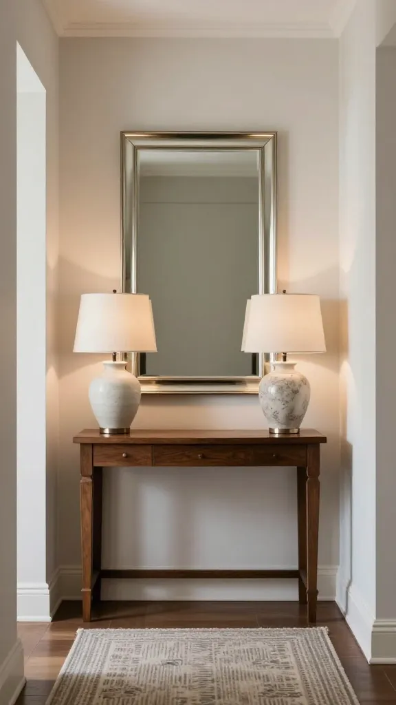 A high-quality, realistic photograph capturing a tiny entryway designed with transitional elegance. The focal point is a simple, elegant dark wood console table with clean lines, positioned against a light-colored wall. Above the console hangs a large, rectangular mirror featuring a subtle silver or gold frame. A pair of matching ceramic table lamps with neutral fabric shades are symmetrically placed on the console, casting a soft, inviting glow. On the floor, a muted rug with a subtle geometric or abstract pattern adds warmth and texture without overwhelming the small space. The overall aesthetic is sophisticated and balanced, blending classic and current elements with minimal, curated decor. Natural light softly illuminates the scene, highlighting the refined details and clean lines. No text.