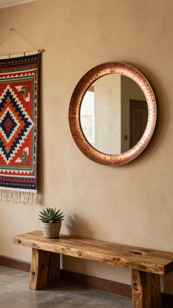 A high-quality, realistic photo of a stylish entryway designed with Southwestern sunset vibes. The walls are painted in a warm, sandy beige hue. A rustic raw wood bench is positioned against the wall. Centered above the bench hangs a stunning round mirror with a hammered copper frame. To the left of the mirror, on the same wall, a vibrant, intricately patterned Navajo-inspired textile is hung as a piece of art. On the raw wood bench, a small potted succulent sits, adding a touch of natural texture. The scene is bathed in soft, natural light, highlighting the earthy tones and rugged beauty. No text on image.