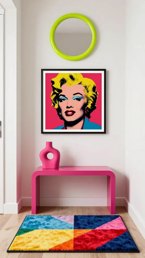 A high-resolution, professional photograph of a vibrant, playful pop art-inspired tiny entryway. A small, bold pop art print in the style of Lichtenstein or Andy Warhol hangs centrally on the wall. Beneath it, a sleek, minimalist console table in a striking fuchsia color holds a unique, abstract sculptural object. On the floor, a quirky, oversized graphic rug with a geometric pattern in bright primary colors adds visual interest. Above the console, a simple round mirror with a thick, bright lime green frame completes the arrangement. The scene is bathed in soft, natural light, showcasing sharp details, realistic textures, and a clean, modern aesthetic. No text.