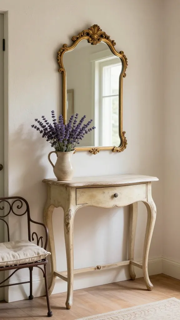 A high-resolution, realistic photograph capturing a tiny, inviting French Country style entryway. A distressed antique cream console table with delicate cabriole legs is centered against a light, subtly textured wall. Above it, an ornate gold mirror with a graceful, curved frame reflects soft, natural light, making the space feel open. To one side, a small wrought iron bench with a simple, natural linen cushion provides rustic elegance. On the console, a small, rustic ceramic pitcher overflows with fresh, vibrant lavender. The scene is bathed in warm, soft natural light, emphasizing the refined textures of the wood, metal, and linen, creating a timeless and romantic atmosphere. No text.