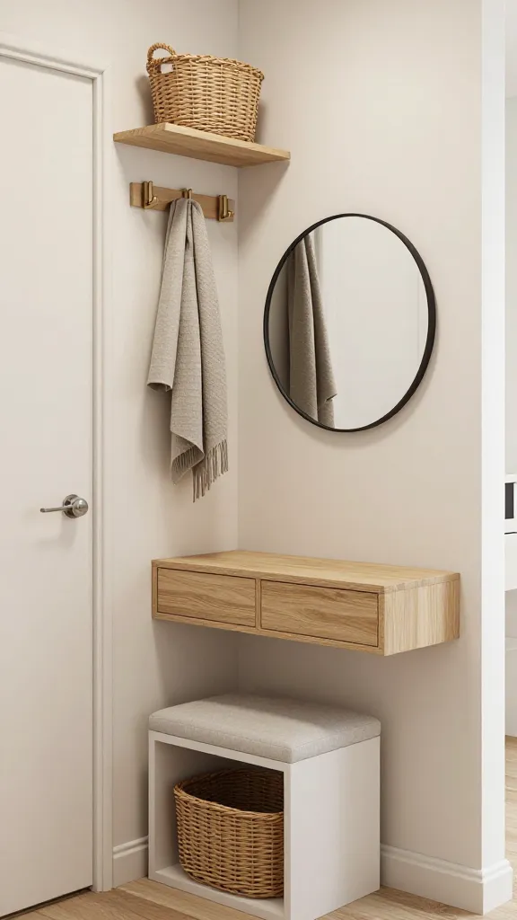 A high-quality, realistic photo of a meticulously organized and stylish tiny entryway, bathed in soft natural light. The focal point is a narrow, light oak console table featuring two integrated drawers, positioned against a clean, off-white wall. Above it, a simple, round mirror with a thin matte black frame reflects the subtly bright space. To the immediate left, a tall, slim shoe cabinet in a matching off-white finish blends seamlessly with the wall, providing vertical storage. Above the console, a minimalist wall-mounted coat rack with brushed nickel hooks holds a neatly arranged coat and scarf, topped by a narrow shelf. On this shelf, an attractive natural woven basket sits, ready for small accessories. Underneath the console, a small, upholstered storage bench in a light grey fabric offers seating and additional hidden storage, with another matching woven basket tucked neatly below it. The overall design emphasizes clever, space-saving functionality without sacrificing aesthetic appeal, showcasing a serene and inviting atmosphere. No text.