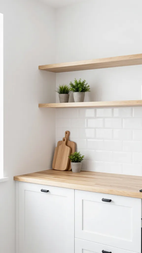 A high-quality, realistic interior design photograph of a small, bright Scandi-chic kitchen. The walls are painted a crisp white, creating an airy, serene, and uncluttered atmosphere. Light-colored open shelving is mounted above a blonde wood butcher block countertop. A simple white subway tile backsplash extends across the wall behind the counter. Minimalist black hardware adorns the lower cabinets. On the countertop, a couple of matching blonde wood cutting boards are subtly arranged alongside a few small potted green plants, adding a touch of natural warmth. The kitchen is bathed in bright, soft natural light, emphasizing its functionality and expansive feel despite its size. The focus is sharp, capturing the clean lines and textures.