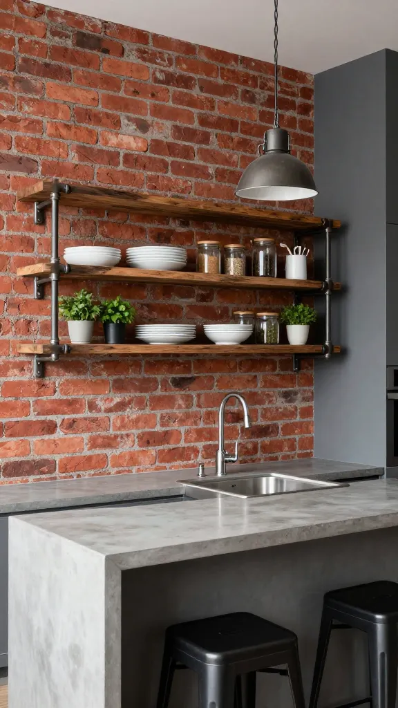 A high-quality, realistic photograph of a small kitchen designed with an urban industrial loft aesthetic. A prominent wall is covered in a realistic, textured exposed red brick wallpaper, providing a raw backdrop. Adjacent walls are painted in a dark, matte grey. Above a sleek, light grey concrete countertop, a robust pipe shelving unit crafted from dark metal pipes and thick, distressed reclaimed wood planks serves as open storage, displaying a mix of white ceramic dishes, glass jars, and small potted herbs. A gleaming stainless steel undermount sink is integrated into the countertop, reflecting the light. An industrial-style pendant light with a dark metal cage shade hangs centrally over the counter. Two minimalist black metal bar stools are neatly tucked under the counter. The overall scene is clean, edgy, and highly functional, with soft, natural light filtering in from an unseen window, subtly highlighting textures.