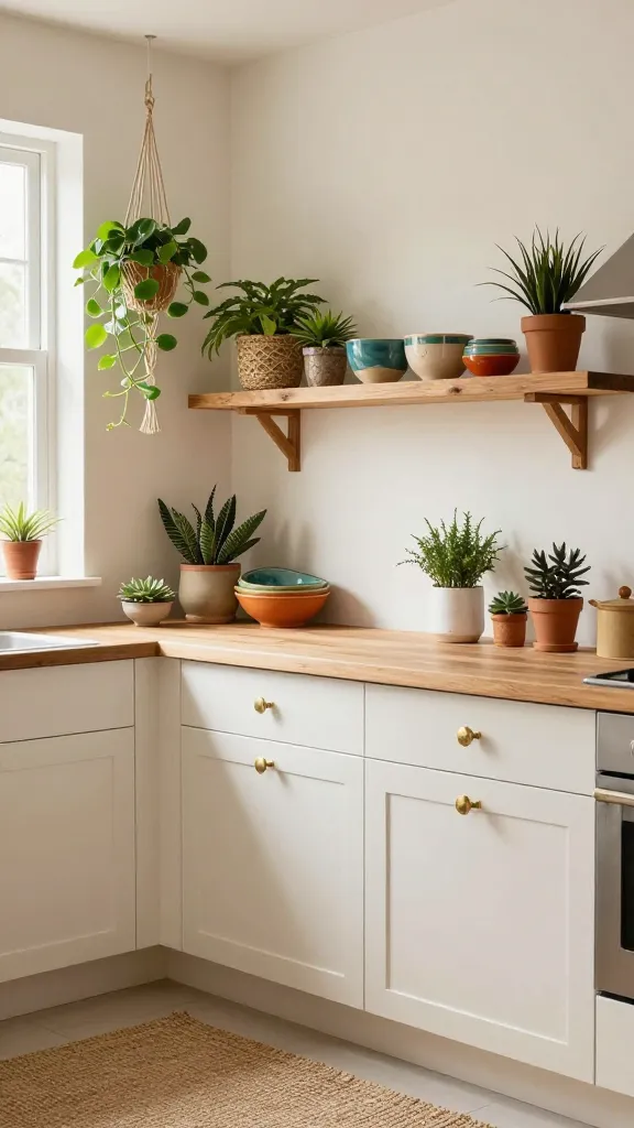 A warm and inviting eye-level medium shot of a small bohemian global wanderer kitchen. Creamy white walls provide a neutral base. A textured jute runner is laid on the floor, adding warmth. Above a light wood countertop, two rustic floating shelves display an artful arrangement of colorful, handcrafted ceramic bowls and a collection of varied small potted plants, including succulents and herbs. A delicate macrame plant hanger suspends a lush green plant near a window, catching soft natural light. The lower kitchen cabinets feature unique, artisanal brass or bone pulls, adding a touch of collected charm. The scene is rich with natural textures – woven elements, wood grain, ceramic glazes, and lush foliage – creating a free-spirited, wanderlust-infused atmosphere. High resolution, professional kitchen photography, realistic, shallow depth of field, no text.