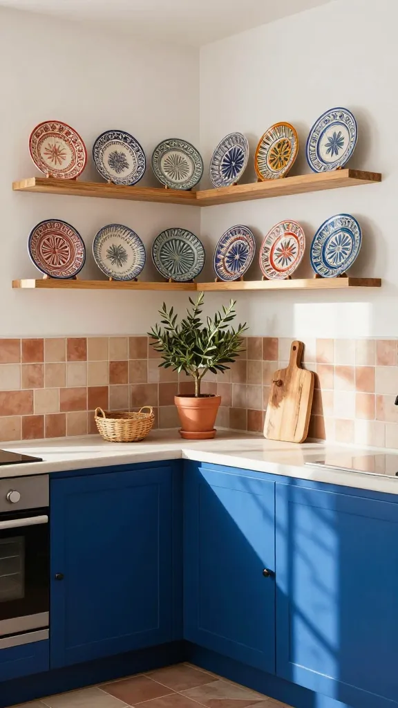 A vibrant, high-resolution photograph capturing a charming small kitchen designed in a Mediterranean sunny escape style. The main focus is on a corner featuring deep cobalt blue lower cabinets and warm off-white upper walls. A simple, rustic terracotta tile backsplash provides an authentic touch above the light-colored countertop. Above the backsplash, two light-toned wooden open shelves are neatly arranged, displaying a collection of colorful, intricately patterned ceramic plates. On the countertop, a small, lush olive tree in a classic terracotta pot stands next to a rustic wooden cutting board and a small woven basket. Bright, natural sunlight streams into the space, creating warm highlights and a cheerful, inviting atmosphere. The overall aesthetic is clean, warm, and distinctly Mediterranean.
