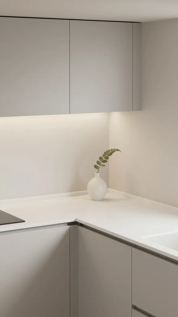 A high-angle, realistic, professional photograph of a small, ultra-chic modern minimalist kitchen. The kitchen features handle-less, matte light grey base and wall cabinets, creating seamless surfaces and clean lines. A crisp, simple white quartz countertop extends across the main work area, completely clear save for a single, elegant, minimalist ceramic vase holding a solitary green leaf. Instead of a traditional backsplash, the wall above the countertop is painted in a coordinating soft off-white neutral, enhancing the serene, uncluttered aesthetic. Hidden storage is subtly integrated, contributing to the streamlined look. The lighting is soft and diffused, highlighting the muted color palette and the effortless sophistication of the space.