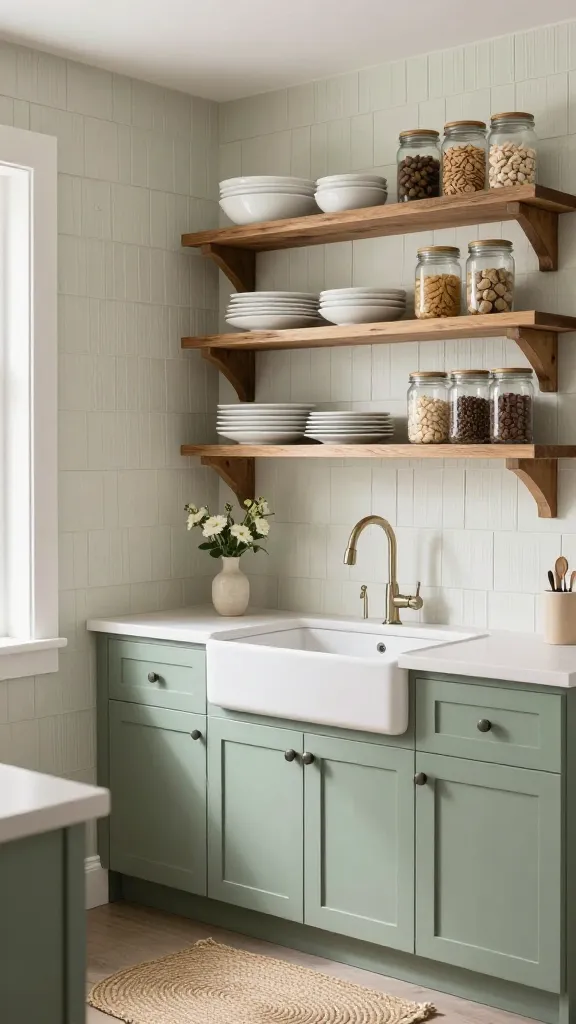 A high-quality, realistic photograph of a small, modern farmhouse kitchen. One wall is adorned with textured faux shiplap wallpaper, while adjacent walls are painted a soft, muted sage green. Above a small, prominent farmhouse-style sink with a classic faucet, distressed wood open shelving beautifully displays neatly arranged white ceramic dishes and clear glass jars filled with pantry staples. A small, round braided rug in an earthy tone rests on the floor in front of the sink. A delicate vase holding a few fresh, simple flowers sits on the clean countertop, adding a touch of natural charm. The scene is well-lit with natural light, emphasizing the cozy, inviting, and practical feel of the space.