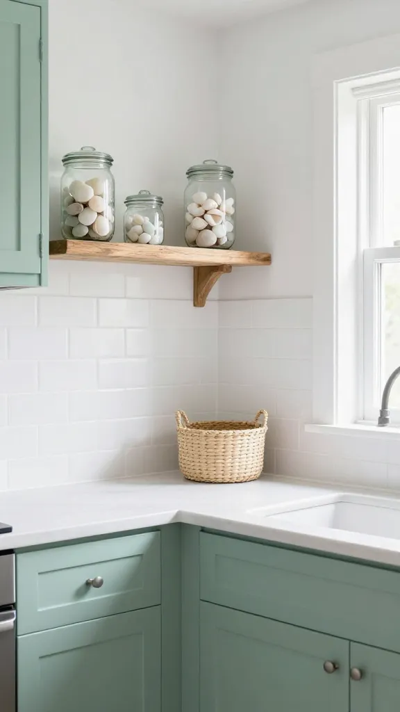 A high-quality, realistic photo of a small, budget-friendly kitchen designed with a coastal calm and breezy aesthetic. The kitchen features soft seafoam green lower cabinets paired with crisp white walls. A simple white subway tile backsplash extends above the countertop. Above the sink area, a rustic, driftwood-inspired floating shelf is mounted, holding clear glass jars filled with polished white shells and smooth sea glass. A small, light-colored woven basket sits on the counter nearby, adding natural texture. Bright, natural light streams in from a window, illuminating the space and enhancing the serene, relaxed atmosphere, creating a designer-approved look on a budget.