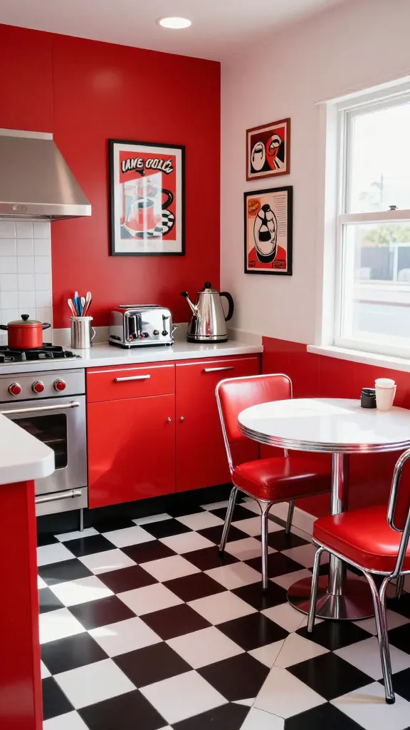 A high-quality, realistic interior photograph of a small, vibrant retro diner pop art kitchen. The floor features playful black and white checkerboard peel-and-stick tiles. A prominent wall is painted a vivid cherry red, contrasting with other white or light-colored walls. On the counter, a retro chrome toaster and a matching kettle gleam, alongside other vintage-inspired kitchen gadgets. Framed pop art prints depicting classic diner motifs or vintage advertisements adorn the walls, adding personality. A small, round bistro table with sleek chrome legs and two matching chairs sits invitingly in a corner, bathed in natural light from a nearby window. The overall atmosphere is full of personality and nostalgic charm. No text.