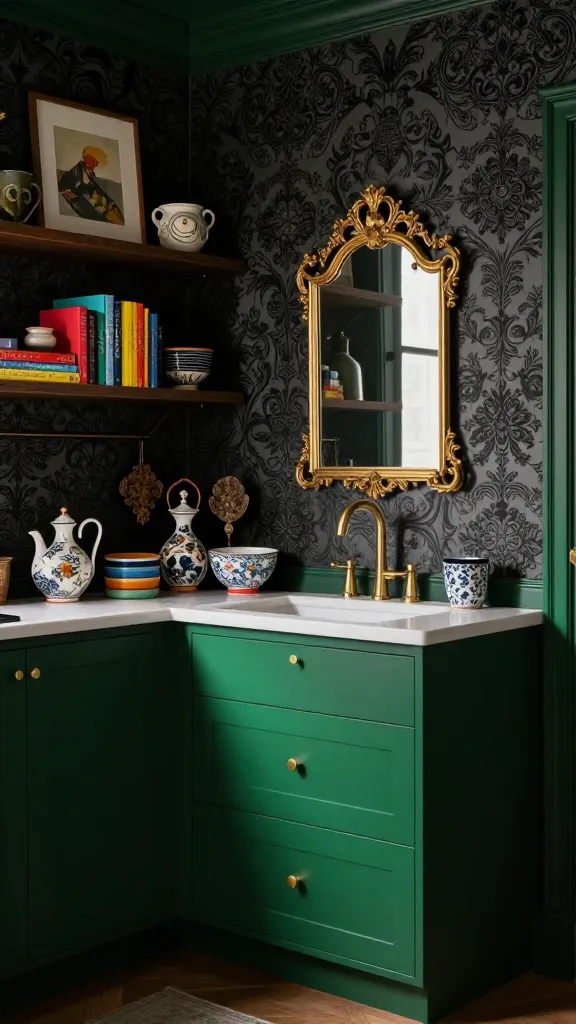 A high-quality, realistic photo of a small kitchen designed in a moody maximalist jewel box style. The lower kitchen cabinets are painted a deep, rich emerald green. An accent wall features a dark, intricate patterned wallpaper, adding depth and texture. Polished brass hardware adorns the cabinetry. A small, ornate gold-framed mirror is strategically placed to reflect light, adding a touch of glamour. Open shelves display an eclectic collection of framed art, vibrant colorful cookbooks, and unique, handcrafted ceramic pottery. The lighting is atmospheric, creating a luxurious and dramatic ambiance with deep shadows and highlights. No text.