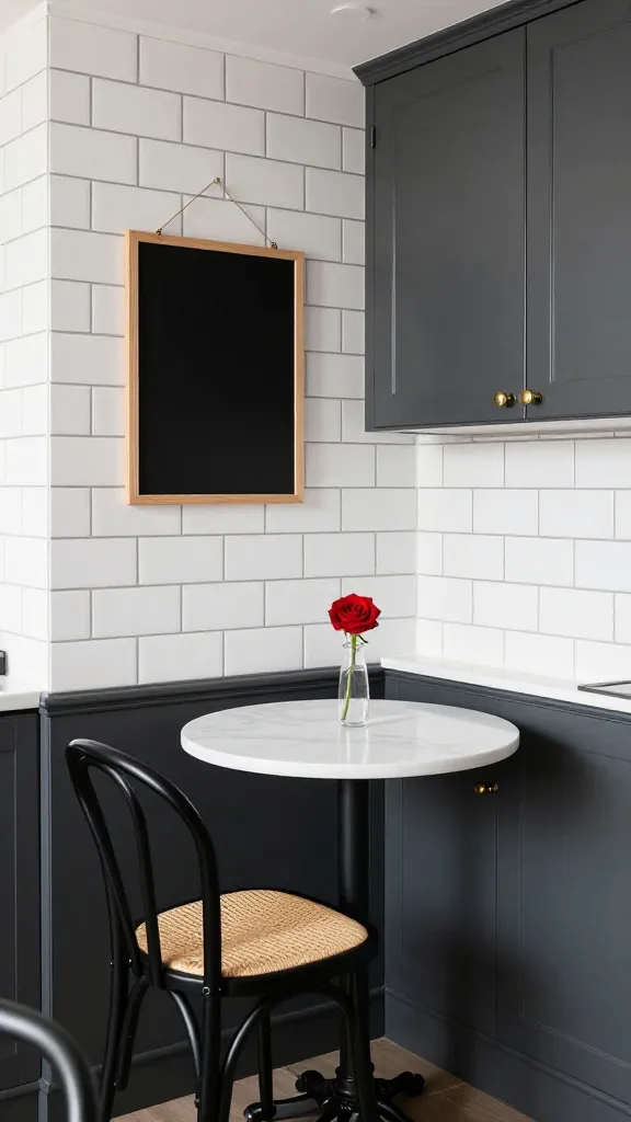 A high-quality, realistic photograph capturing a small kitchen infused with Parisian bistro charm. The walls are clad in classic white subway tiles with distinct dark grey grout lines. Elegant dark charcoal grey base cabinets are fitted with sleek brass pull handles. A small, round table with a white marble-effect laminate top is positioned centrally, accompanied by a pair of simple black metal bistro chairs with woven seats. A small, framed black chalkboard hangs on the tiled wall above the table, and on the table, a minimalist glass vase holds a single fresh red rose. Soft, natural light streams in, highlighting the sophisticated and romantic atmosphere. No text on image.
