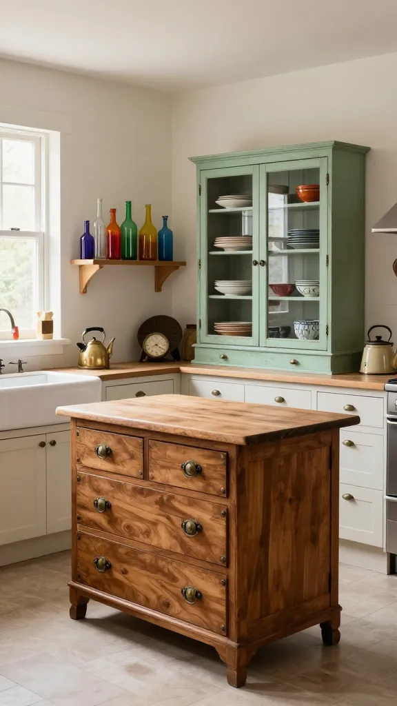 A high-quality, realistic photo of a small, eclectic vintage kitchen. The kitchen features a neutral backdrop with off-white walls and simple, clean-lined base cabinetry. A beautifully repurposed antique wooden dresser with ornate details and original hardware serves as a unique kitchen island, topped with a warm butcher block surface, positioned centrally in the small space. Against one wall, a charming, distressed pale green vintage hutch with glass doors displays a collection of colorful, mismatched ceramic plates and bowls. The existing cabinet doors feature a mix of brass, ceramic, and iron handles, creating an artisanal, lived-in feel. Above the sink area, a narrow wooden shelf showcases a vibrant collection of flea market-found colorful glass bottles in various shapes and sizes, catching the natural light streaming in from a nearby window. Other small, pre-loved treasures like a retro kitchen clock and a vintage-style kettle are thoughtfully placed on the countertops. The overall atmosphere is warm, inviting, and full of unique personality, celebrating individuality and sustainable design. Natural light illuminates the scene, highlighting textures and colors.