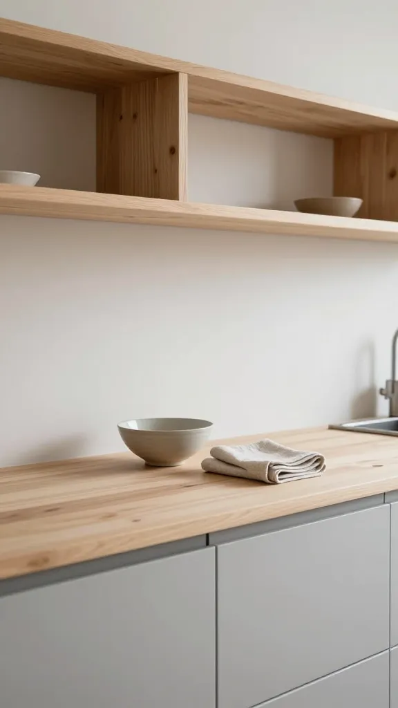 A highly detailed, eye-level, slightly wide-angle photograph of a small, tranquil Japandi kitchen. The space features clean-lined, light-colored wood open shelving above and soft grey, handleless lower cabinets. A smooth, light wood butcher block countertop extends across the main prep area. On the counter, a single high-quality, handcrafted ceramic bowl and a neatly folded natural linen tea towel are intentionally placed, reflecting the minimal decor. Soft, diffused natural light illuminates the scene, highlighting the natural textures and creating a serene, functional atmosphere. The background shows a simple, light-colored wall, emphasizing the uncluttered aesthetic.