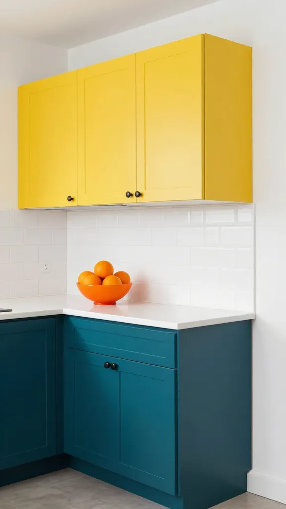 A high-quality, realistic photo of a small, modern kitchen, showcasing a playful and energetic color-block design. The upper cabinets are painted a vibrant, sunny yellow, while the lower cabinets are a rich, deep teal. The surrounding walls are a clean, crisp white, allowing the bold cabinet colors to be the focal point. A simple white subway tile backsplash spans the area between the upper and lower cabinetry. On the white countertop, a bright orange fruit bowl, filled with oranges, serves as a striking third accent color. The space feels dynamic and designer-approved, with natural light streaming in, emphasizing the cheerful hues. Shot at eye-level, capturing the inviting and functional layout.