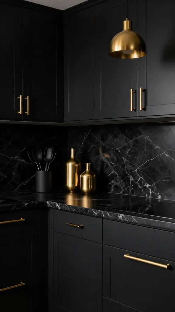 A high-quality, realistic photograph capturing a small kitchen interior, designed with a dark and dramatic luxe aesthetic. All kitchen cabinetry is finished in a deep matte black, featuring stunning brass hardware handles and pulls. A dark, richly veined black marble-effect laminate countertop runs along the wall. Above the counter, a single, elegant brass pendant light hangs as a statement piece, casting a focused, warm glow. On the countertop, a curated display includes a few metallic gold vases and sleek black kitchen utensils in a minimalist holder. The overall lighting is moody and sophisticated, emphasizing the opulent metallic details against the dark, luxurious backdrop. Shot with a wide aperture to create a subtle depth of field, enhancing the high-end feel.