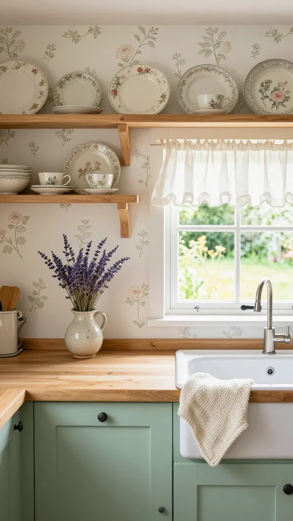 A high-quality, realistic photo of a charming, small cottagecore kitchen bathed in soft, natural light, creating an inviting and cozy atmosphere. An accent wall features delicate floral peel-and-stick wallpaper with a subtle rose pattern. The lower kitchen cabinets are painted a soft, matte mint green. Above a light wood butcher block countertop, open wooden shelves display an artful arrangement of mismatched vintage ceramic dishware, including floral-patterned plates and teacups. A small window, framed by a whimsical white ruffled kitchen curtain, looks out onto a blurred, sunlit garden. On the countertop, a petite ceramic vase holds a few sprigs of dried lavender and wildflowers. A hand-knitted cream-colored dishcloth is draped casually over the edge of the sink, adding to the handcrafted feel. The overall aesthetic is romantic, idyllic, and infused with natural beauty.