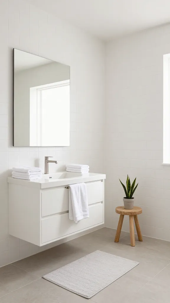 A high-resolution, professional real estate photograph of a small, minimalist bathroom designed as a monochromatic Zen haven. The walls are clad in matte white subway tiles, extending from floor to ceiling, creating a clean, expansive feel. The floor features large format light gray tiles, subtly contrasting with the walls. A sleek, wall-mounted white vanity with clean lines and simple brushed nickel hardware holds an integrated white basin. Above the vanity, a large, frameless rectangular mirror reflects the room, enhancing the sense of space. Fluffy white bath sheets are neatly folded on the vanity, with a matching hand towel draped over the basin. A minimalist, light gray bath mat rests on the floor in front of the vanity. To the side, a small, light-toned wooden stool (e.g., teak or light oak) adds a touch of warmth, topped with a single potted snake plant. Soft, diffused natural light streams into the room, highlighting the soothing shades of white, cream, and soft gray. The overall aesthetic is calm, airy, and appears much larger and more luxurious than its actual size. No text on images.