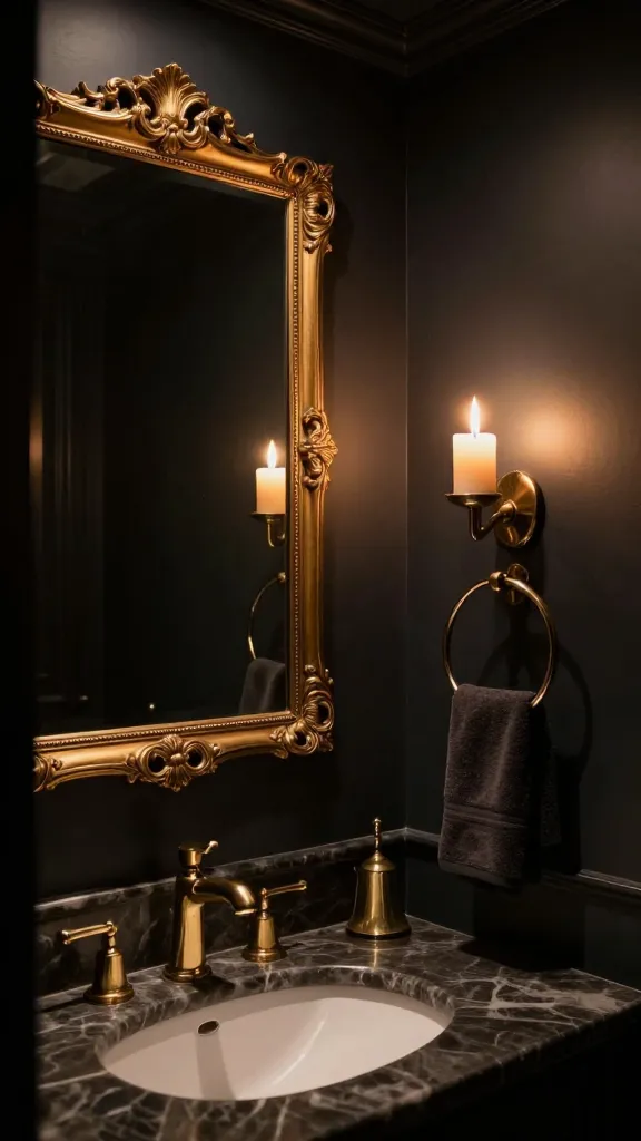 A high-quality, realistic interior photograph of a small, luxurious bathroom designed in a dark and dramatic speakeasy style. The walls are painted in a rich, deep charcoal or dark navy, creating an intimate and sophisticated jewel box atmosphere. Prominent polished brass fixtures, including a sleek faucet, a towel ring, and the ornate frame of a large, gold-framed mirror, stand out against the dark backdrop. The mirror reflects warm, dimmable lighting and the soft glow from a few strategically placed flickering candles, enhancing the moody ambiance. The image should capture the expensive, high-end feel of the space, with realistic textures and inviting warmth.